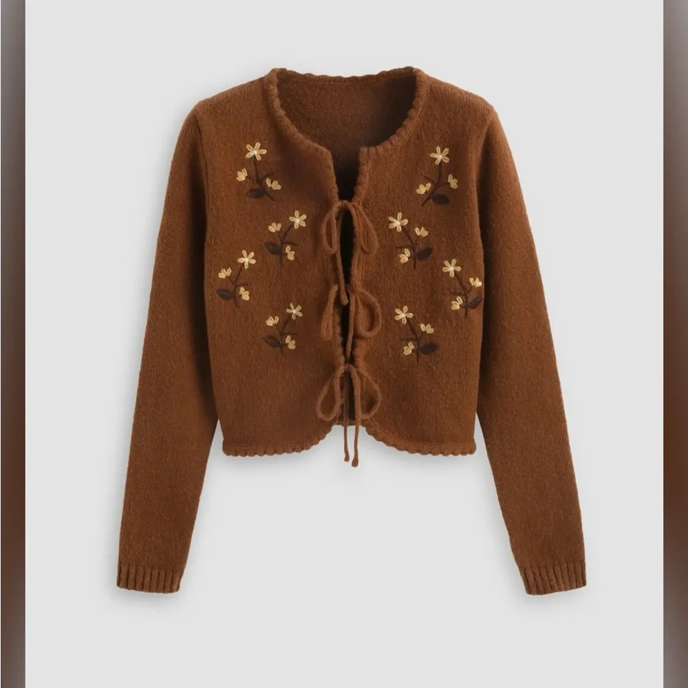 Cider Brown Floral Embroidery Women's Sweater - Picture 4 of 10